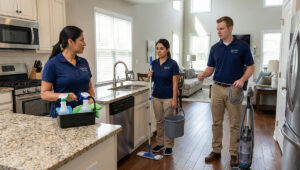 Cleaning service employee wearing professional embroidered polo uniform with company logo working in modern kitchen
