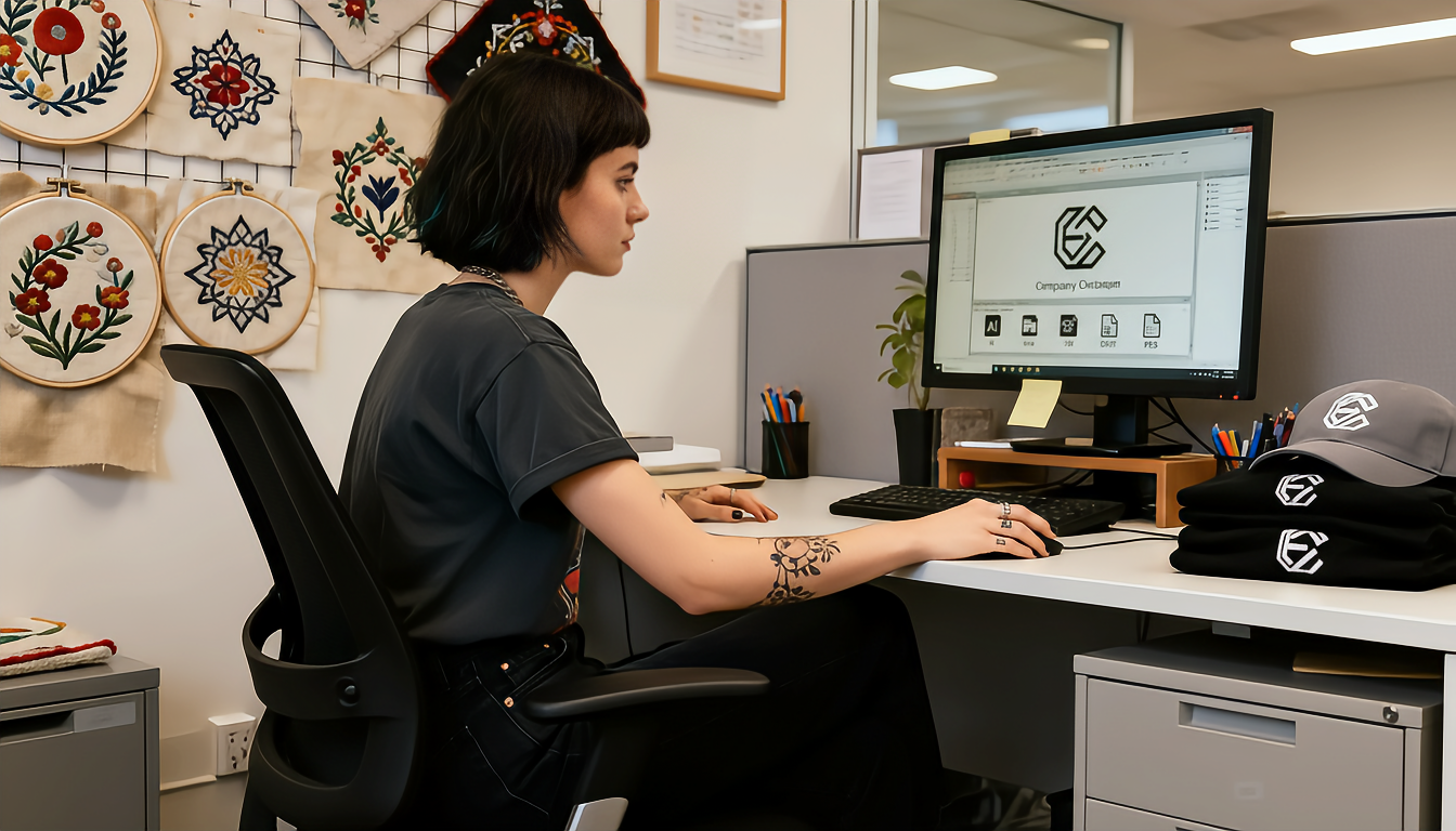 Embroidery file formats displayed on computer screen including AI EPS DST and PES files for logo digitizing
