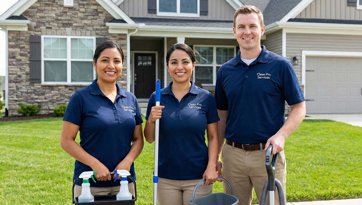 Professional cleaning service team wearing matching navy blue embroidered polo uniforms standing confidently in front of residential home