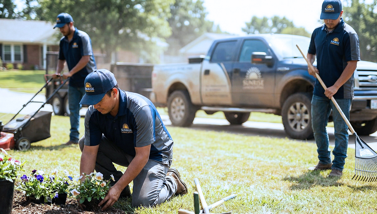 when to order summer uniforms for small business landscaping crew wearing branded polos and hats