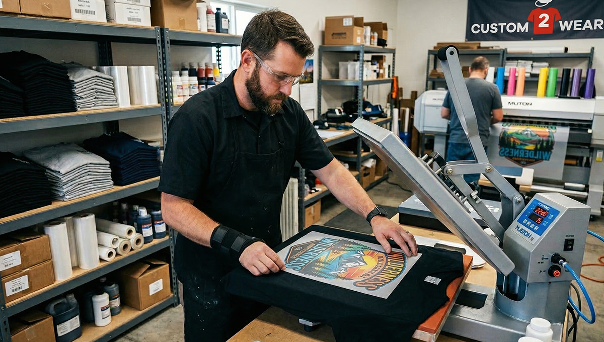 DTF printing transfer being heat pressed onto a custom business t-shirt