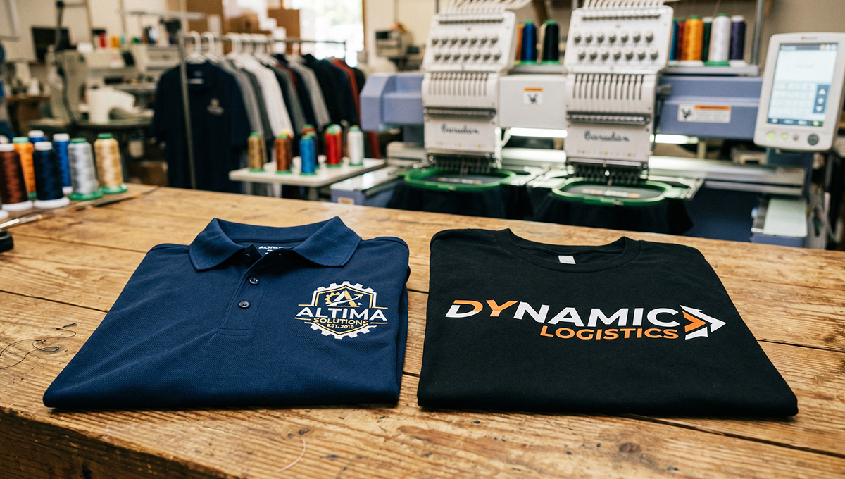 Embroidery vs screen printing business apparel comparison showing stitched logo on polo and printed logo on t-shirt