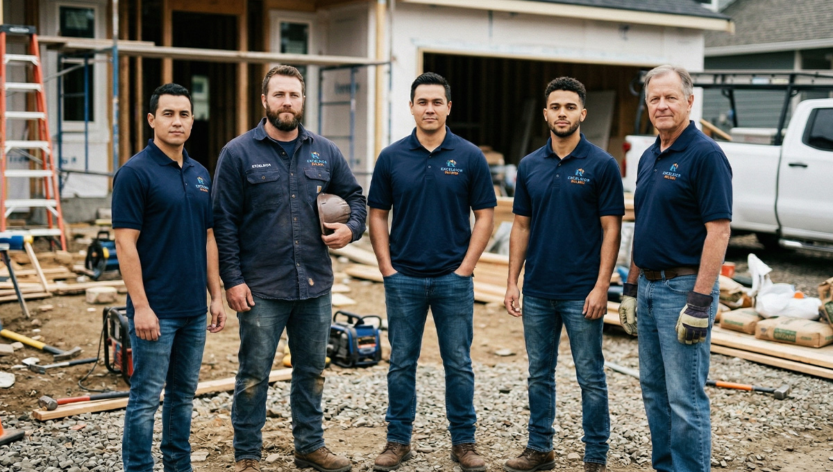 team wearing professional company apparel with logo at job site