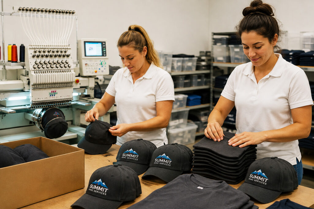 Two apparel production employees preparing a bulk order of embroidered HVAC company hats beside a commercial embroidery machine.
