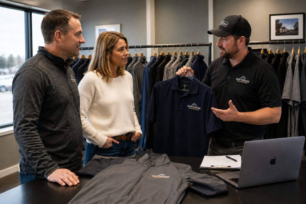Business owners reviewing custom embroidered polos and workwear in an apparel showroom