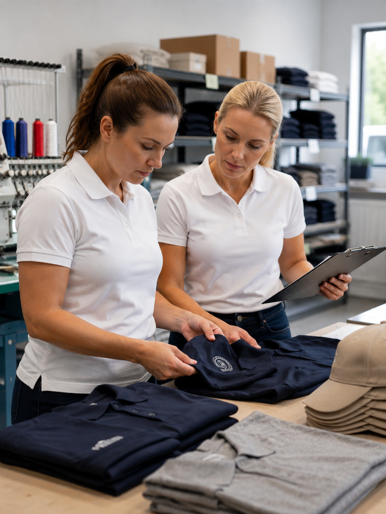Two women in white polo shirts inspecting embroidered business apparel and caps in a custom apparel production workshop.