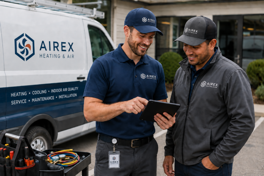 HVAC service technicians in branded uniforms reviewing a tablet beside their service van