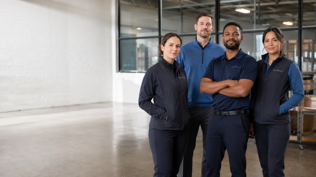 Business team wearing custom embroidered polos, hoodies and branded workwear