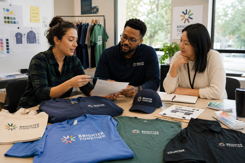 Organization team reviewing custom T-shirts, hats, polos, and volunteer apparel for an upcoming event