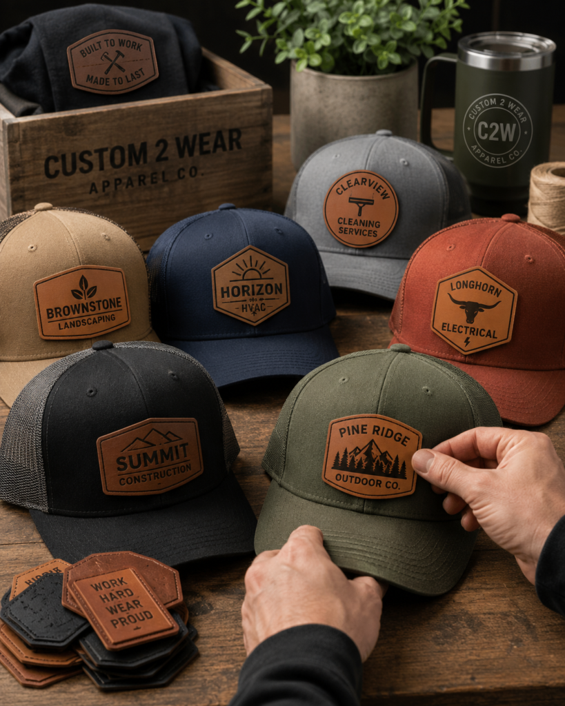 Custom leather patch hats for construction, landscaping, HVAC, cleaning, electrical, and outdoor business teams displayed in an apparel workshop.