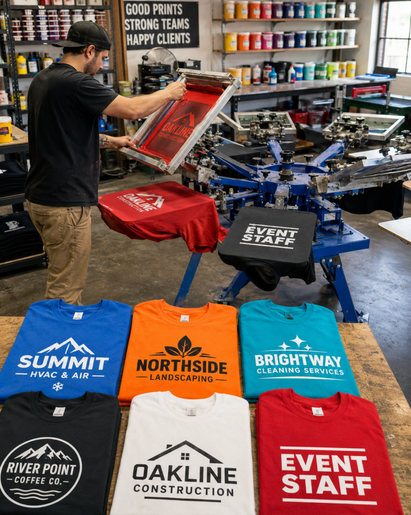 Screen printing shop producing custom business and team T-shirts for HVAC, construction, landscaping, cleaning services, coffee shop, and event staff apparel.