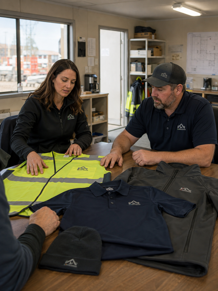 Construction team reviewing custom workwear options in a site office with branded apparel samples on the table